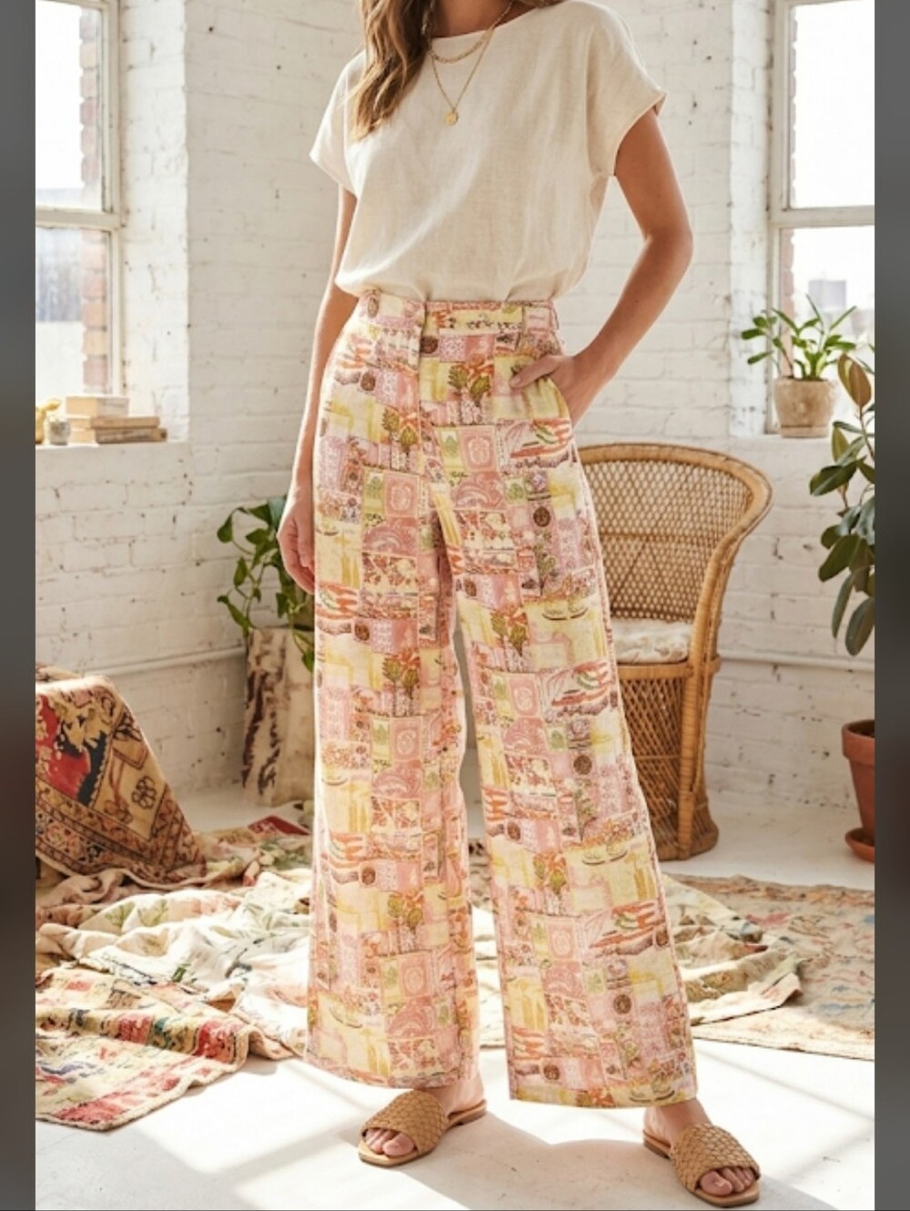 Le Lis Palazzo High Rise Wide-Leg Pants in Tropical Resort Print